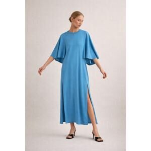 COS Draped Cape Sleeve Dress Blue Maxi Minimalist Architectural M